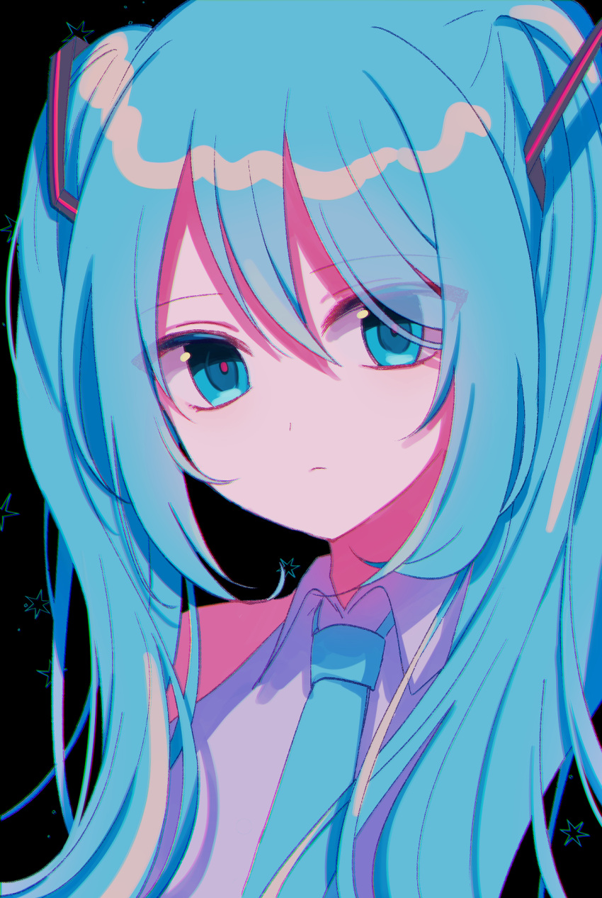 1girl, bangs, bare_shoulders, black_background, blue_eyes, blue_hair, blue_neckwear, closed_mouth