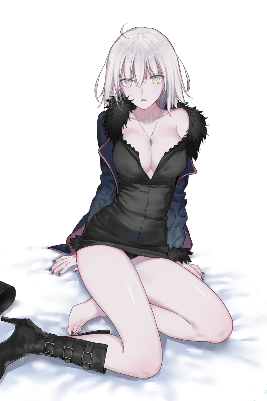 1girl, absurdres, ahoge, arm_support, belt_boots, black_panties, boot_removed, boots, breasts, cleavage, collarbone, fate/grand_order, fate_(series), footwear_removed, fur-trimmed_collar, hair_between_eyes, high_heel_boots, high_heels, highres, jeanne_d'arc_(alter)_(fate), jeanne_d'arc_(fate)_(all), jewelry, medium_breasts, nail_polish, necklace, nipi27, open_mouth, pale_skin, panties, pantyshot, pantyshot_(sitting), red_nails, short_hair, single_boot, sitting, solo, thighs, underwear, white_background, white_hair, yellow_eyes