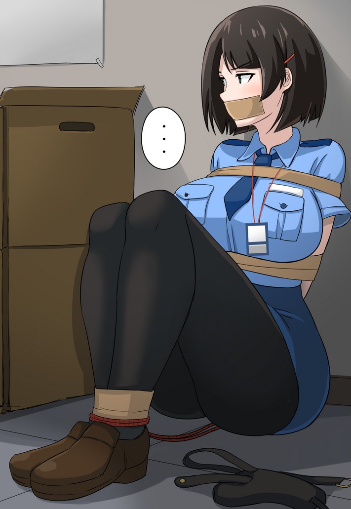 ..., 1girl, arms_behind_back, badge, black_hair, bob_cut, bound, box