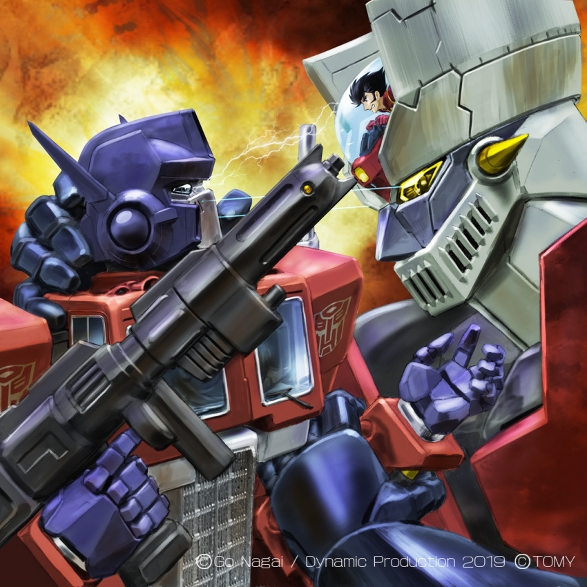 1boy, 70s, 80s, autobot, battle, black_hair, blue_eyes, cannon, crossover, duel, fighting, headgear, holding, holding_weapon, igunuk, insignia, kabuto_kouji, machine, machinery, mazinger_z, mazinger_z_(mecha), mecha, official_art, oldschool, optimus_prime, pilder, pilot_suit, robot, science_fiction, sideburns, super_robot, transformers, weapon