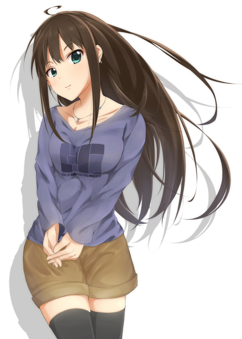 1girl, ahoge, black_legwear, brown_hair, brown_shorts, collarbone, cowboy_shot, earrings