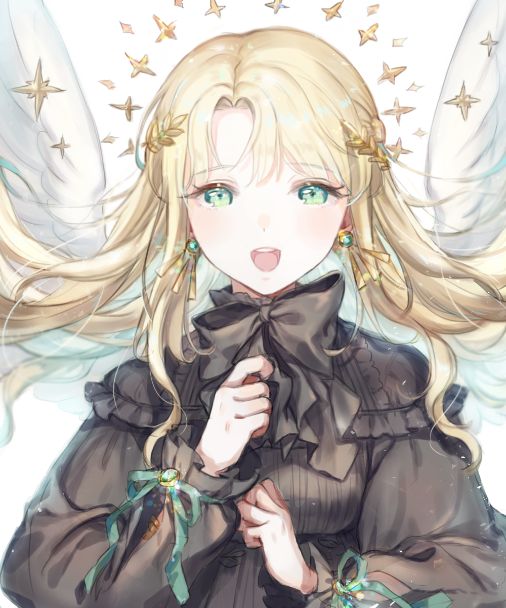 1girl, :d, angel_wings, black_dress, black_neckwear, blonde_hair, blue_eyes, dress, eyebrows_visible_through_hair, feathered_wings, floating_hair, gothic_lolita, green_ribbon, highres, lolita_fashion, long_hair, looking_at_viewer, open_mouth, original, rapueru, ribbon, smile, solo, upper_body, white_background, white_wings, wings
