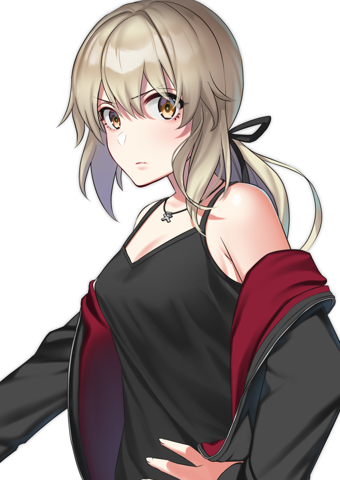 1girl, artoria_pendragon_(all), black_jacket, black_ribbon, black_shirt, blonde_hair, breasts, cleavage