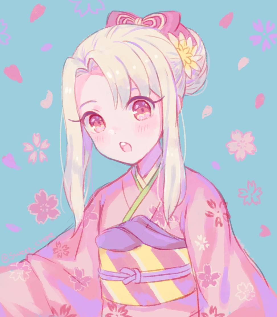 1girl, :o, blue_background, blush, bow, fate/stay_night, fate_(series), floral_print
