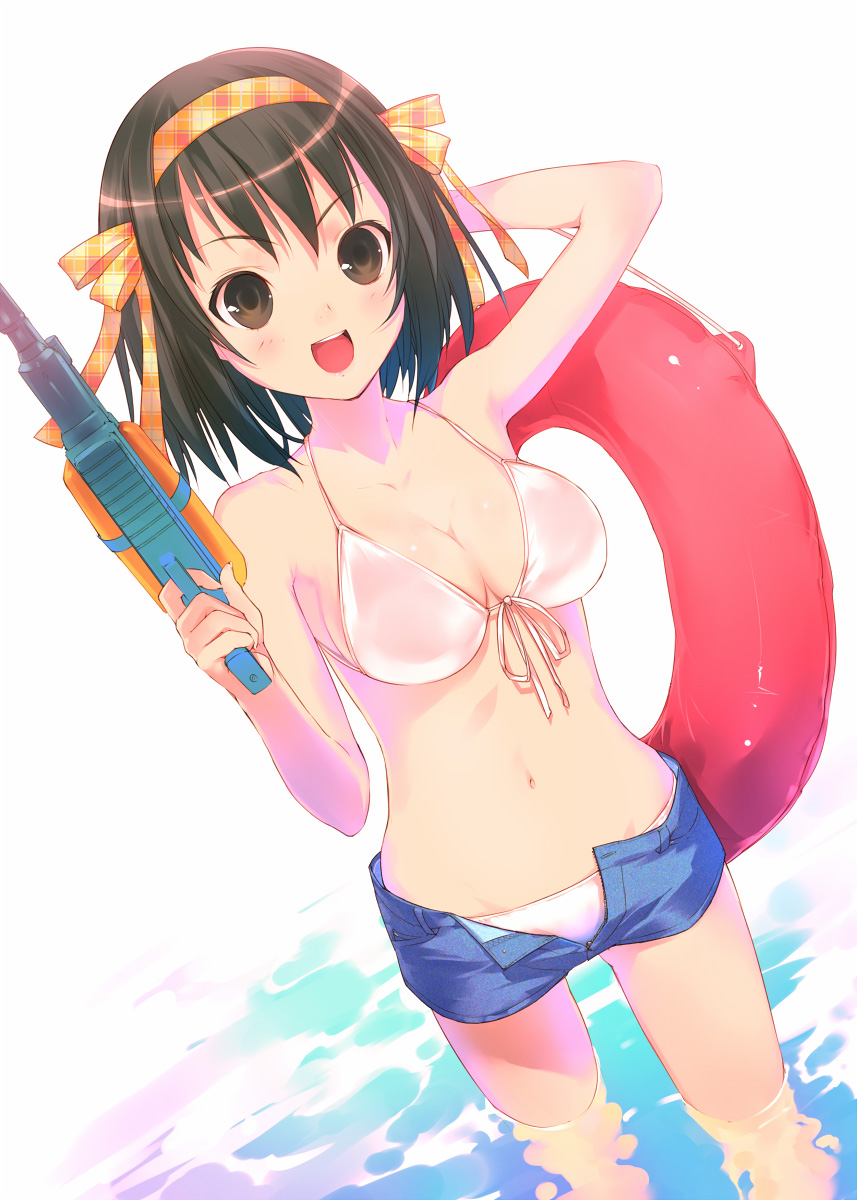 breasts, brown_eyes, brown_hair, cleavage, denim, denim_shorts, hairband, highres, innertube, midriff, navel, open_fly, open_mouth, short_hair, short_shorts, shorts, smile, solo, submerged, suzumiya_haruhi, suzumiya_haruhi_no_yuuutsu, swimsuit, uni, unzipped, water, water_gun, watergun