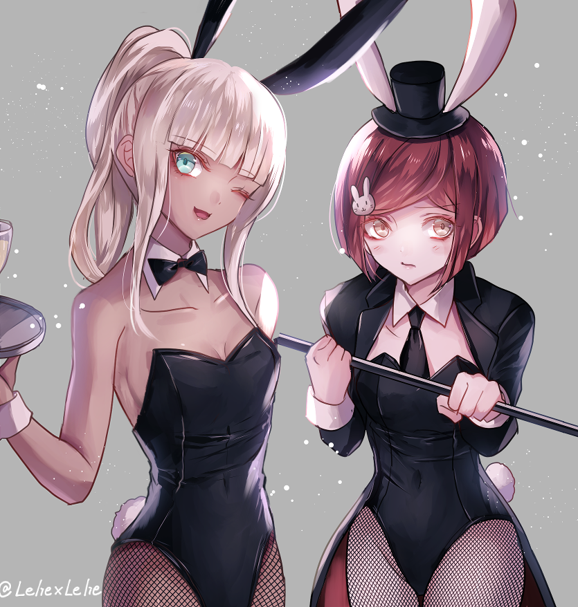 2girls, ;d, alternate_hairstyle, animal_ears, bangs, bare_shoulders, black_bow, black_hat