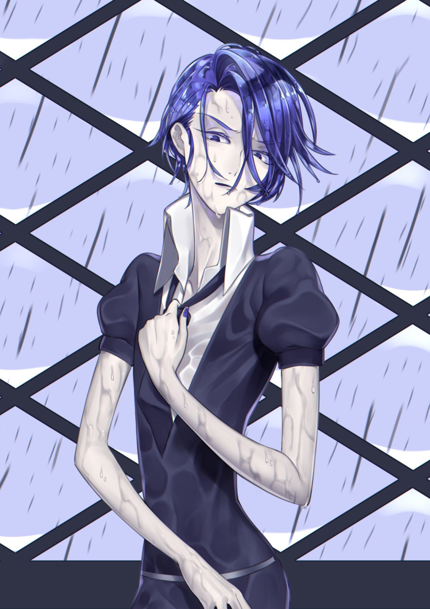1other, androgynous, blue_eyes, blue_hair, blue_zoisite_(houseki_no_kuni), colored_eyelashes, crystal_hair, frown