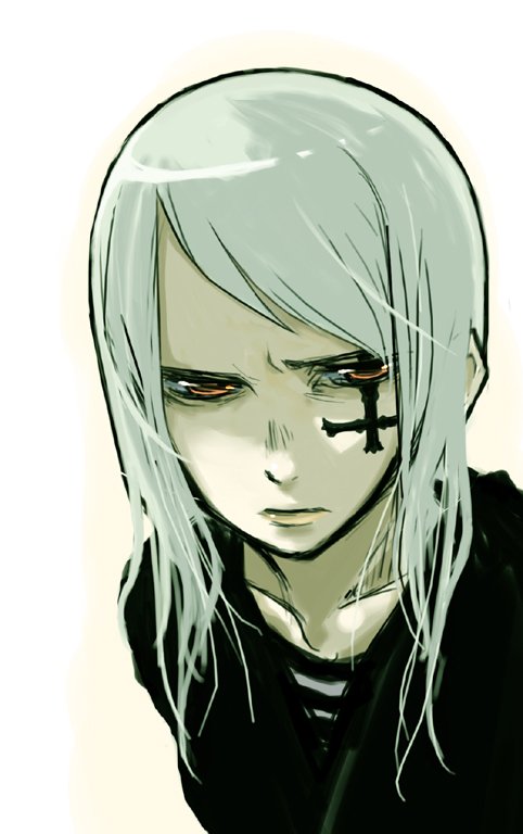 bad_id, juu, long_hair, orange_eyes, shirt, silver_hair, striped, striped_shirt