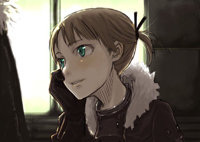 blue_eyes, blush, brown_hair, jacket, juu, short_hair