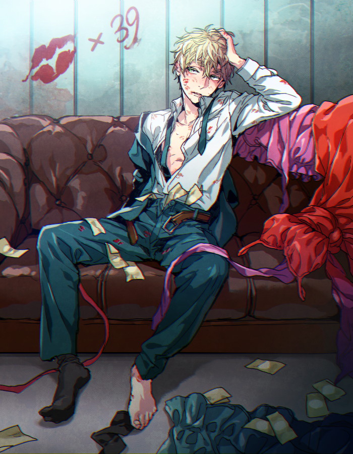 1boy, axis_powers_hetalia, belt, blonde_hair, dress, hand_in_hair, karacoroxx, lipstick_mark
