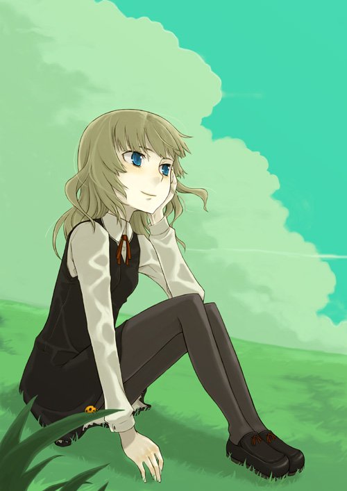 bad_id, blue_eyes, brown_hair, cloud, clouds, eyeshadow, field, juu