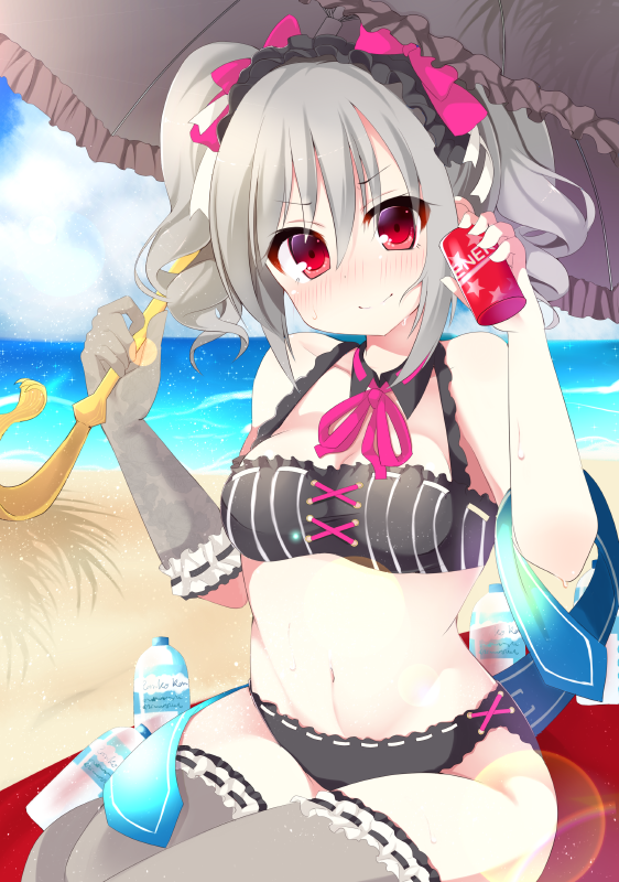 1girl, ashino, bangs, bare_shoulders, beach, beach_towel, bikini, black_bikini