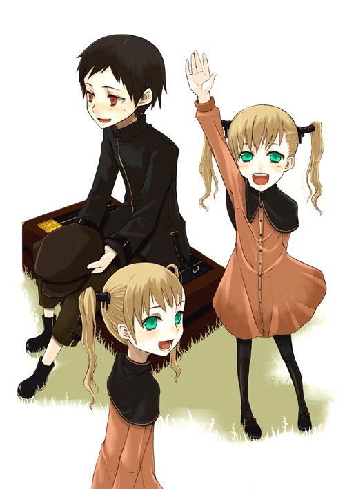 ayakura_juu, bad_id, black_hair, blonde_hair, blue_eyes, blush, dress, happy