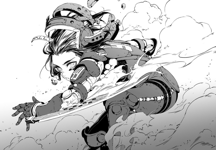 1girl, armor, black_hair, cyborg, elbow_blade, gally, gunnm, knee_pads