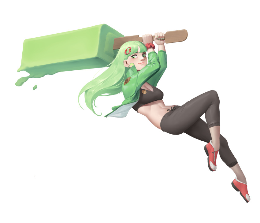 1girl, absurdres, badge, black_pants, closed_mouth, earrings, food, full_body