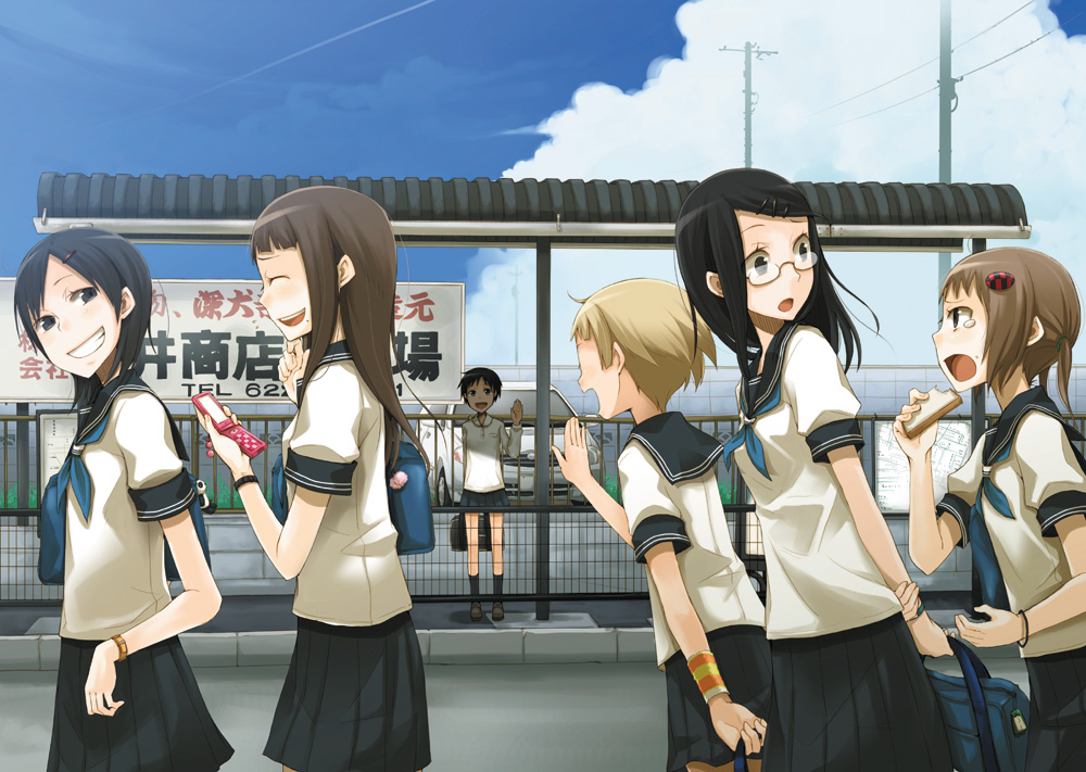 ayakura_juu, bag, black_hair, blonde_hair, bread, brown_hair, bus_stop, cellphone, closed_eyes, eating, flat_chest, food, girl, glasses, grin, hair_ornament, hairclip, juu, long_hair, multiple_girls, phone, school_uniform, schoolgirl, short_hair, smile, tears, wave, waving, wristband