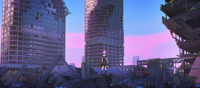 1girl, bag, black_dress, boots, building, city, collar, copyright_request