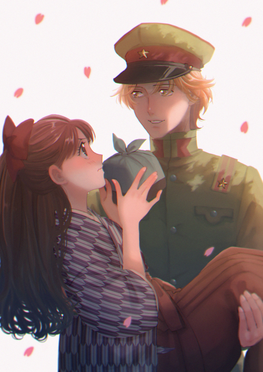 1boy, 1girl, blonde_hair, blush, bow, brown_hair, brown_hakama, carrying