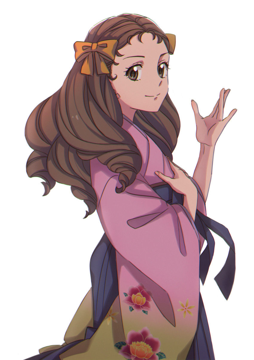1girl, bow, brown_eyes, brown_hair, floral_print, haikara-san_ga_tooru, hair_bow, hanamura_benio