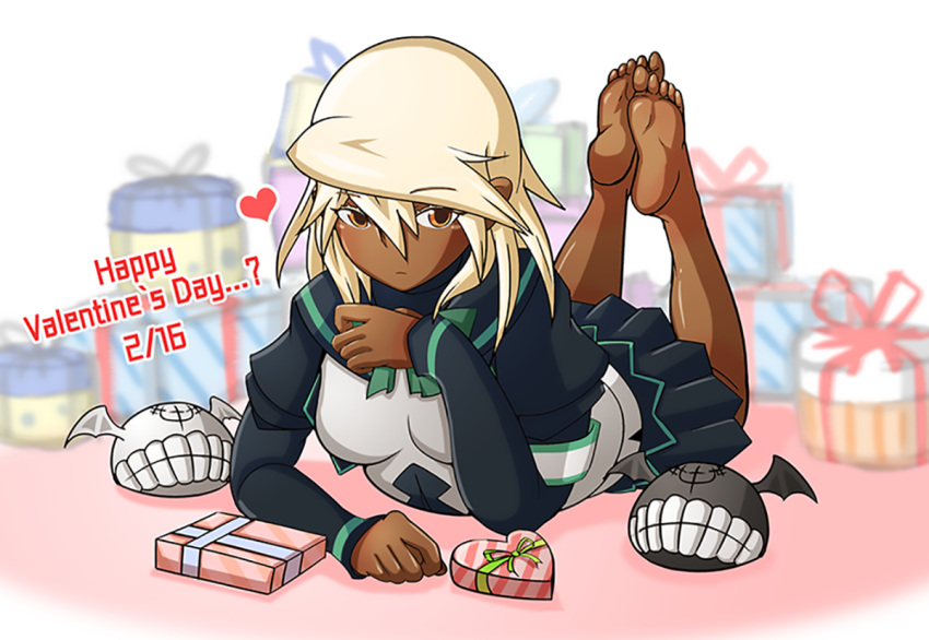 1girl, alternate_costume, barefoot, black_skirt, box, breasts, creature, dark_skin, eyebrows_visible_through_hair, feet_up, full_body, gift, gift_box, guilty_gear, guilty_gear_xrd, hair_between_eyes, happy_valentine, heart, heart-shaped_box, legs_up, lying, nabeyasai, on_stomach, orange_eyes, platinum_blonde_hair, ramlethal_valentine, school_uniform, skirt, small_breasts, soles, solo_focus, the_pose