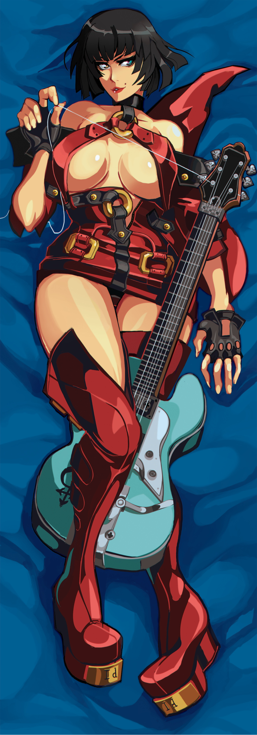 1girl, absurdres, bangs, bare_shoulders, bed_sheet, black_choker, black_gloves, black_hair, black_panties, blue_eyes, boots, breasts, brown_eyes, choker, commentary, dakimakura, dress, electric_guitar, english_commentary, fingerless_gloves, full_body, gloves, guilty_gear, guitar, hat, hat_removed, headwear_removed, heterochromia, highres, i-no, instrument, large_breasts, lipstick, looking_at_viewer, lying, makeup, mole_above_mouth, no_bra, nose, o-ring, o-ring_top, panties, pantyshot, pantyshot_(lying), pigeon-toed, platform_boots, platform_footwear, red_dress, red_footwear, revealing_clothes, revision, riftka, short_dress, short_hair, short_sleeves, solo, thigh-highs, thigh_boots, under_boob, underwear