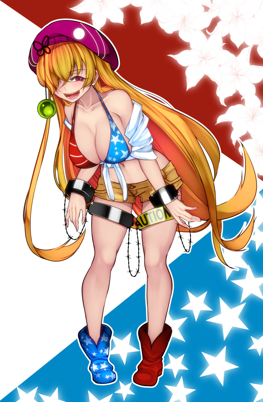 1girl, :d, absurdres, alternate_breast_size, alternate_costume, alternate_headwear, american_flag_bikini_top, aoshima