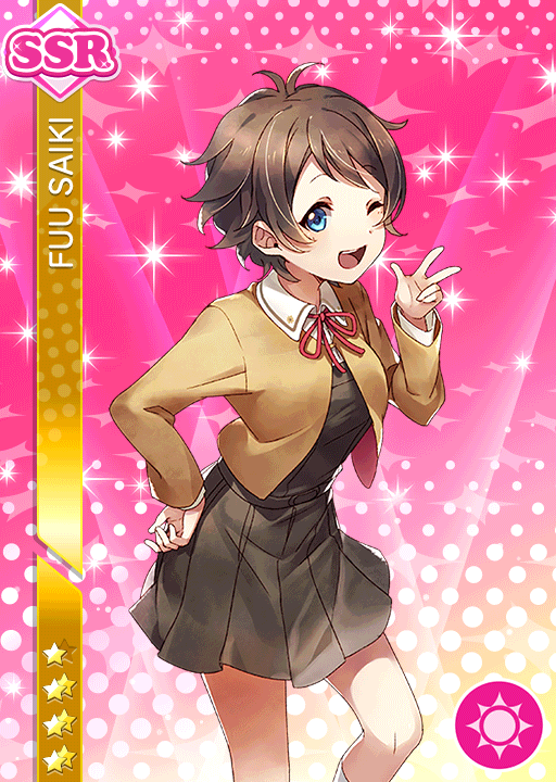 blush, brown_hair, character_name, green_eyes, love_live!_school_idol_festival, saiki_fuu, school_uniform, short_hair, smile, wink