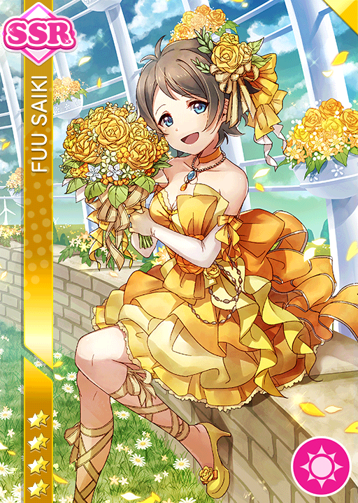 bare_shoulders, blush, brown_hair, character_name, dress, flower, green_eyes, love_live!_school_idol_festival, saiki_fuu, short_hair, smle