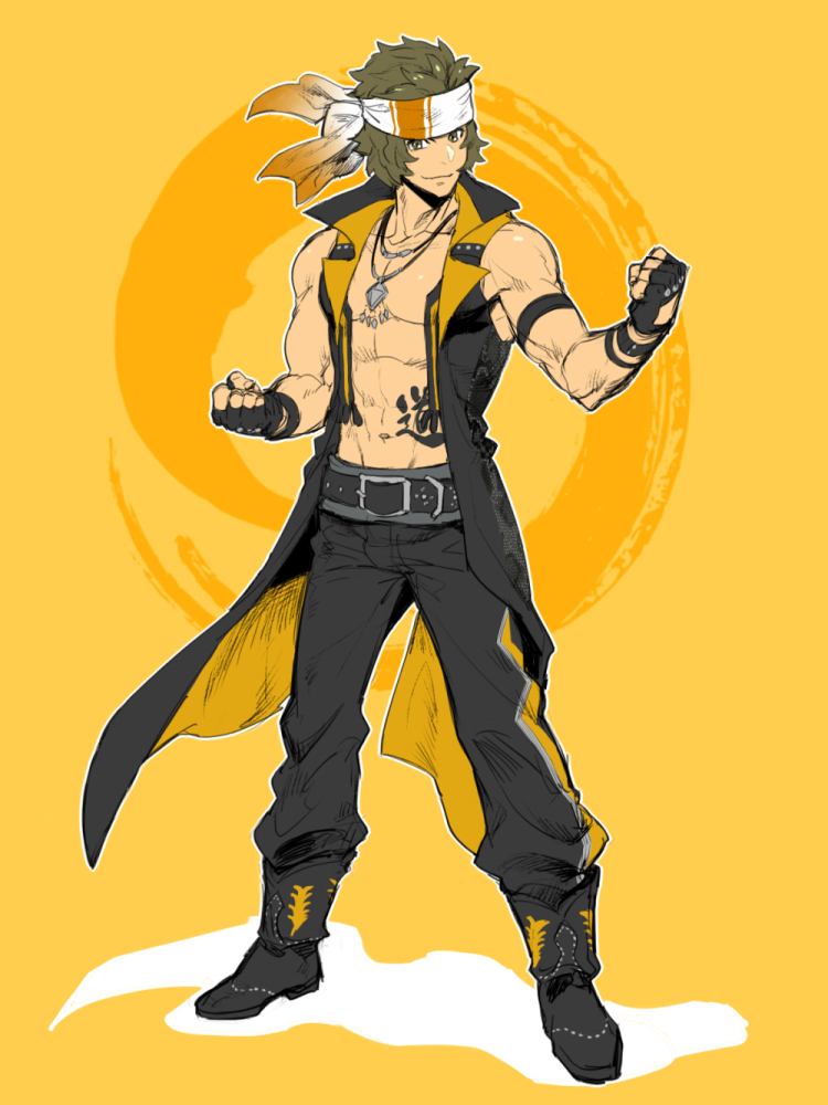 1boy, bandanna, clenched_hands, coattails, enjouji_michiru, full_body, green_eyes, idol, idolmaster, idolmaster_side-m, jewelry, looking_at_viewer, male_focus, muscle, necklace, ponzu_(beetle_burner), shirtless, smile, solo, standing, the_kogado, yellow_background