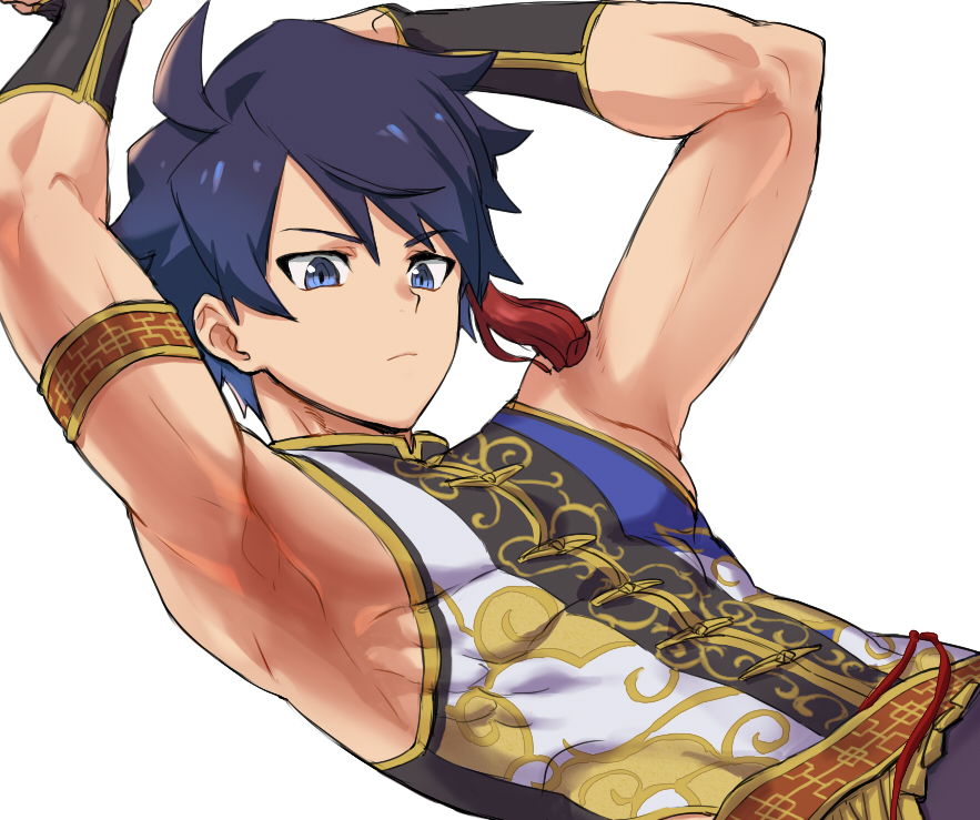 1boy, alternate_costume, arm_up, armlet, armpits, blue_eyes, blue_hair, chinese_clothes, idol, idolmaster, idolmaster_side-m, idolmaster_side-m_live_on_stage, looking_at_viewer, male_focus, ponzu_(beetle_burner), simple_background, sleeveless, solo, taiga_takeru, world_tre@sure_(idolmaster)