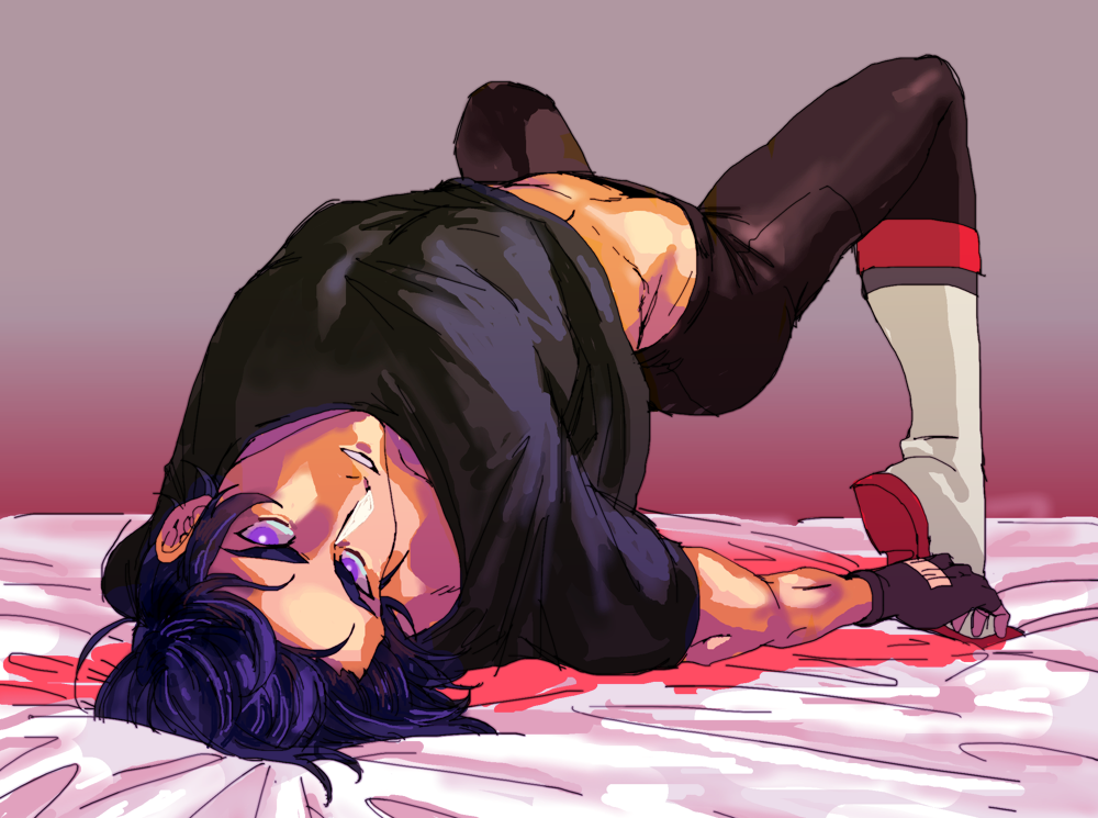 1boy, black_gloves, black_hair, black_shirt, boots, fingerless_gloves, gloves, hip_focus