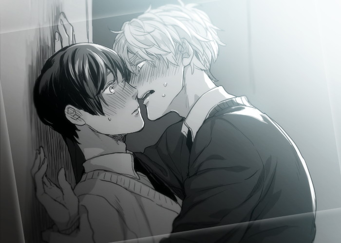 2boys, axis_powers_hetalia, blush, eye_contact, imminent_kiss, japan_(hetalia), karacoroxx, looking_at_another