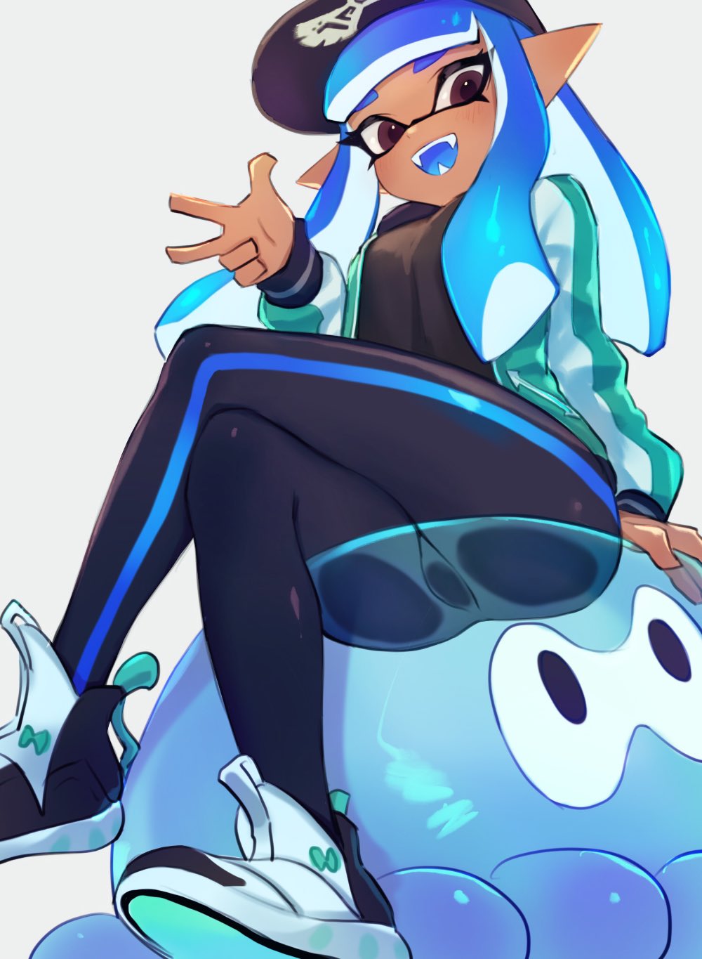 1girl, :d, arm_at_side, baseball_cap, black_pants, blue_hair, dark_skin, domino_mask