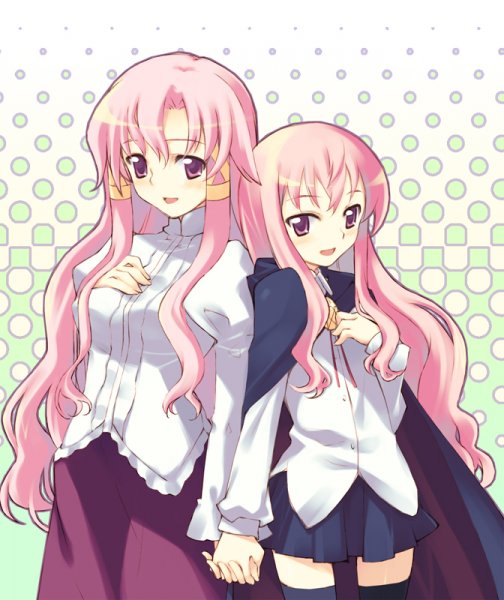 back_to_back, cape, cattleya_yvette_la_baume_le_blanc_de_la_fontaine, duplicate, hand_holding, holding_hands, inado_serere, long_hair, louise_francoise_le_blanc_de_la_valliere, pink_eyes, pink_hair, siblings, sisters, thigh-highs, thighhighs, zero_no_tsukaima, zettai_ryouiki