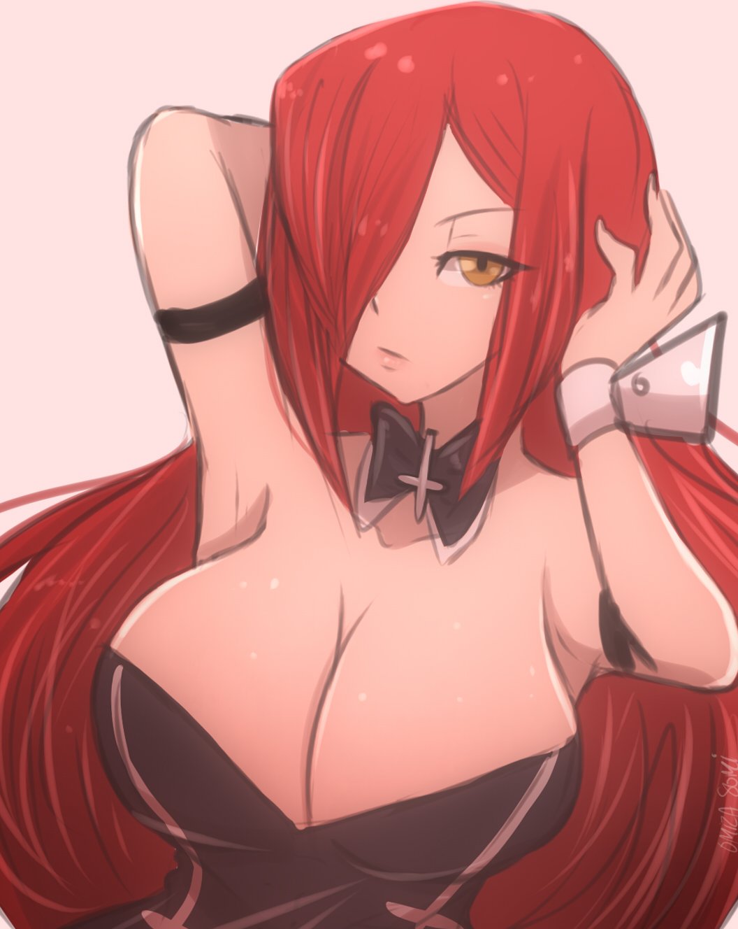 1girl, arm_strap, armpits, arms_up, artist_name, breasts, bunnysuit, cleavage