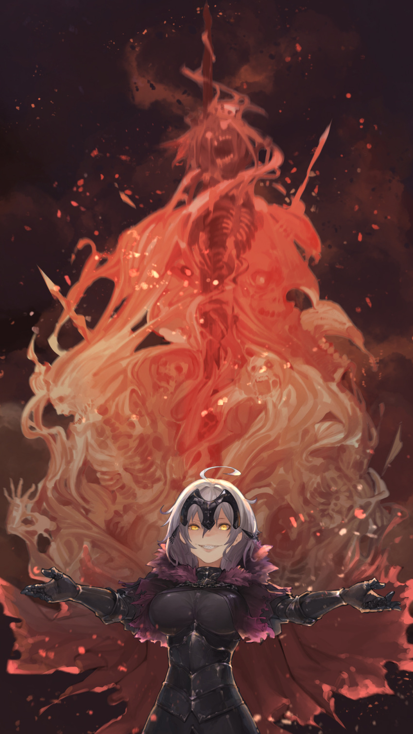 1girl, ahoge, armor, armored_dress, bangs, breasts, burning_at_the_stake, cape