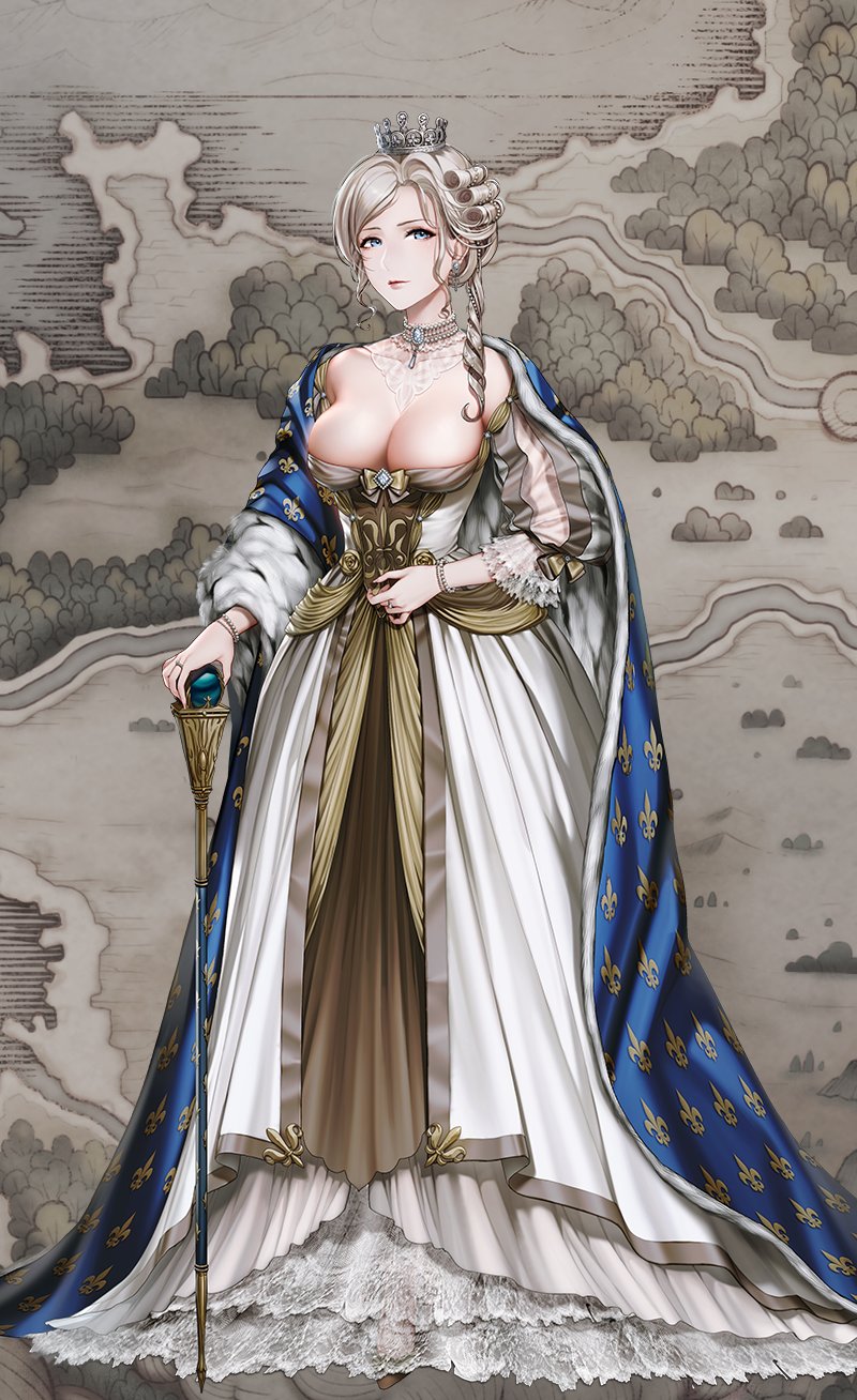 1girl, blue_eyes, bow, braid, breasts, cane, cleavage, cloak