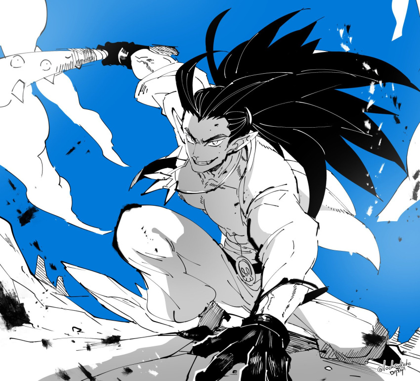 1boy, antenna_hair, bare_chest, belt, black_hair, blue_sky, clouds, club