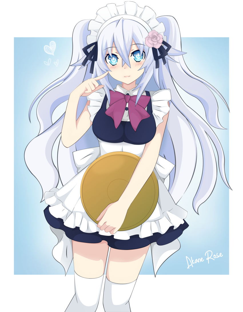 1girl, akane_rose, alternate_costume, apron, artist_name, blue_eyes, blush, breasts