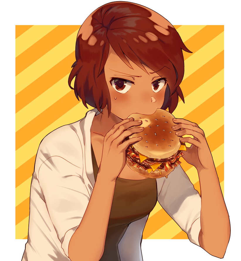 1girl, blush, borrowed_character, breasts, brown_eyes, brown_hair, brown_shirt, closed_mouth
