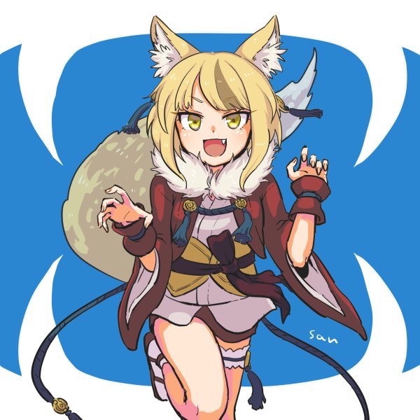 1girl, animal_ears, blonde_hair, brown_hair, fang, fire_emblem, fire_emblem_if, fox_ears, fox_tail, fur_trim, japanese_clothes, kinu_(fire_emblem_if), leg_up, miuta, multicolored_hair, nintendo, open_mouth, short_hair, solo, streaked_hair, tail, wide_sleeves, yellow_eyes