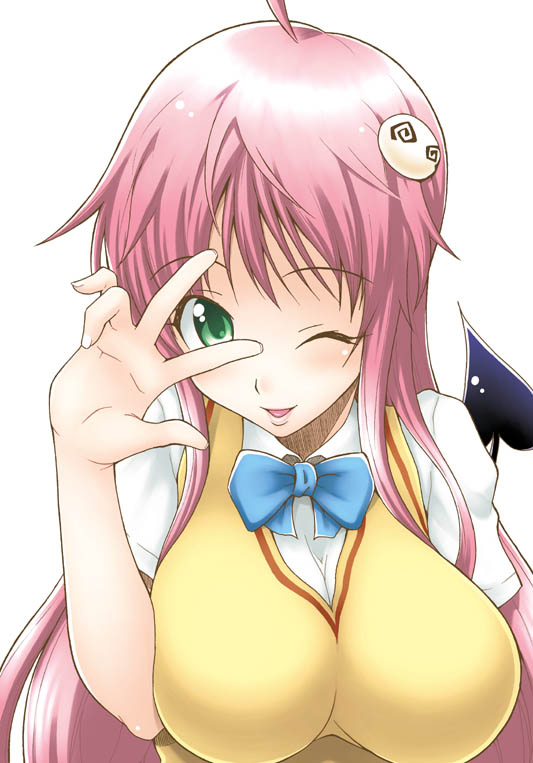 breasts, green_eyes, lala_satalin_deviluke, large_breasts, long_hair, nishimo, peke, pink_hair, tail, to_love-ru, toloveru, v, v_over_eye, wink