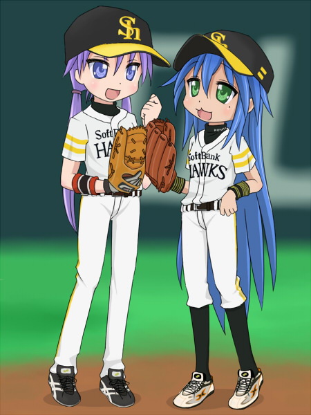 baseball_cap, baseball_mitt, blue_eyes, blue_hair, clothes_writing, fukuoka_softbank_hawks, green_eyes, hat