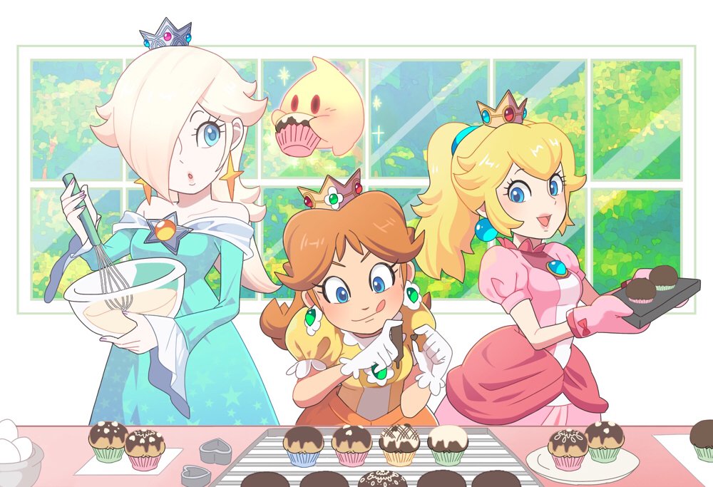blonde_hair, blue_eyes, brown_hair, chiko_(mario), cooking, crown, dress, earrings