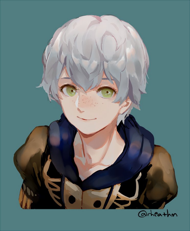 1boy, ashe_(fire_emblem), fire_emblem, fire_emblem:_three_houses, freckles, green_eyes, hood, looking_at_viewer