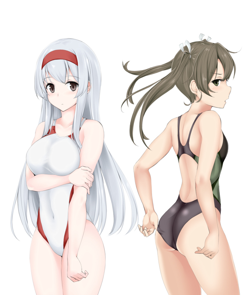 2girls, adjusting_clothes, adjusting_swimsuit, black_eyes, black_swimsuit, collarbone, competition_swimsuit, covered_navel