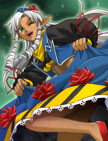 dark_skin, dorothy_mistral, drill_hair, endless_frontier, flower, green_eyes, hair_flower, hair_ornament, haruyama, hat, long_hair, pointy_ears, silver_hair, solo, super_robot_wars, super_robot_wars_og_saga_mugen_no_frontier, wink