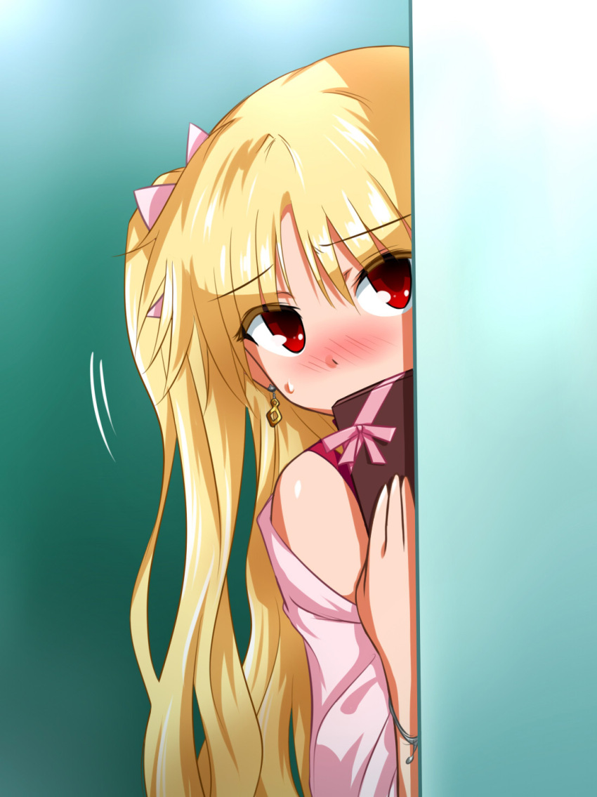 1girl, bitter_sweet_(fate/grand_order), blonde_hair, blush, box, commentary_request, earrings, ereshkigal_(fate/grand_order)