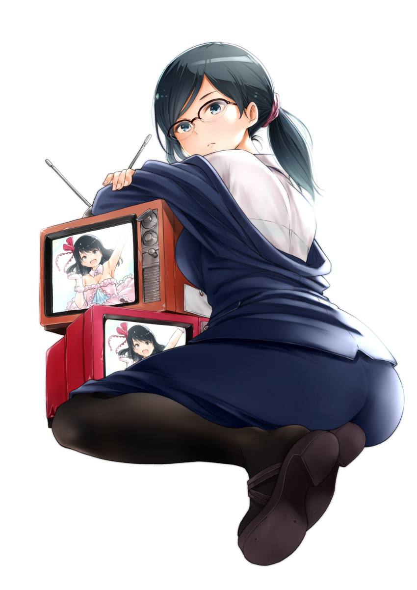 1girl, ass, back, black_eyes, black_hair, bra, breasts, closed_mouth