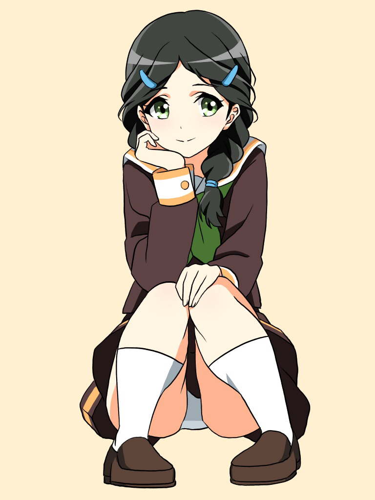 1girl, black_hair, bow, braid, brown_footwear, brown_skirt, full_body, green_bow, green_eyes, hair_ornament, hairclip, hand_on_own_knee, hand_rest, hibike!_euphonium, knees_up, long_sleeves, looking_at_viewer, mitsuhiro-510-goto, panties, pantyshot, pantyshot_(sitting), saitou_aoi, school_uniform, simple_background, sitting, skirt, socks, solo, twin_braids, underwear, white_legwear